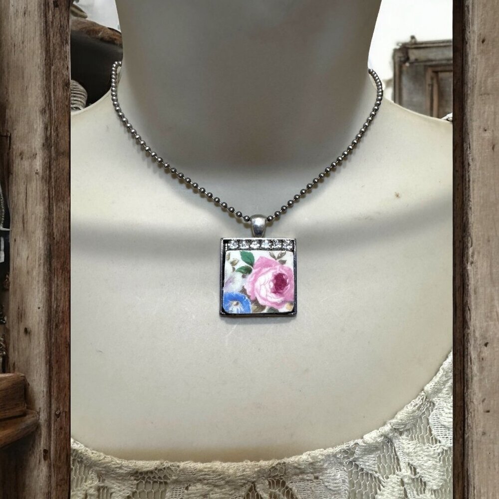 Homer Laughlin Floral Broken China  Square Pendant with Rhinestones Necklace - Picture 11 of 15